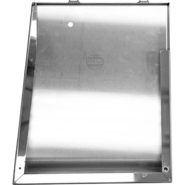 Angled view of the IZZO IZFE1534 VALEXIA Left Side Panel, featuring a stainless steel knock box chute with a rectangular opening, raised edge, and mounting holes for easy disposal of espresso grounds. © 2025 1st-line.com