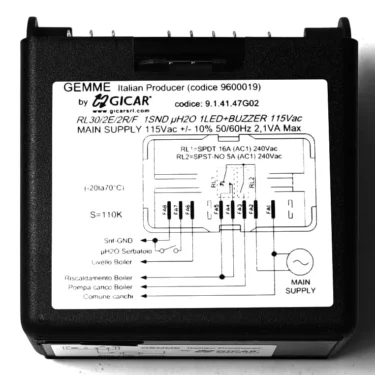 Black electronic control box labeled DISCONTINUED Gicar 9600046 Brain Unit - 9.3.01.09G01 - Lelit Bianca PL162T, featuring wiring schematic, technical specs, and I/O details printed on the top in black text. © 2025 1st-line.com