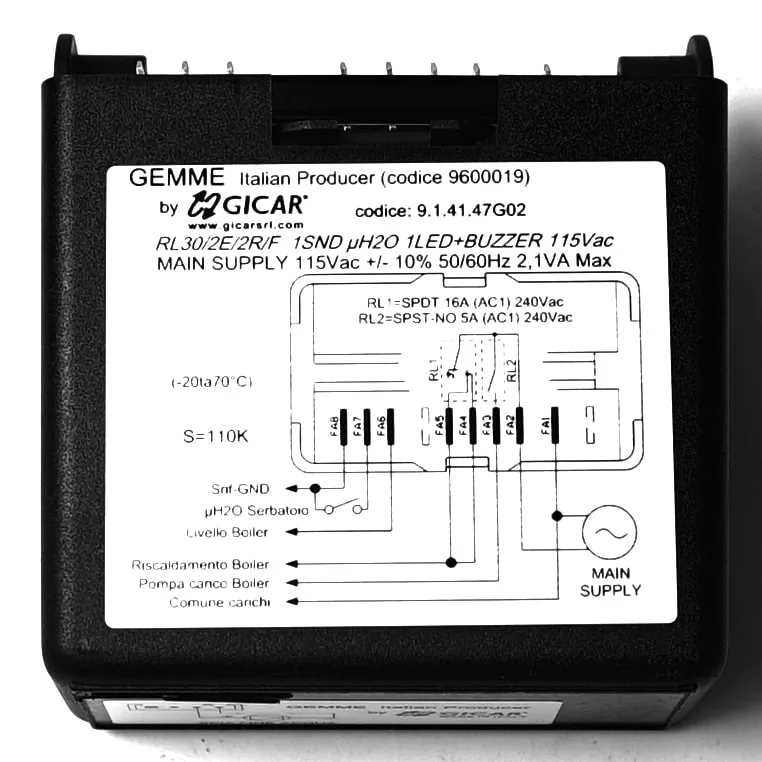 Black electronic control box labeled DISCONTINUED Gicar 9600046 Brain Unit - 9.3.01.09G01 - Lelit Bianca PL162T, featuring wiring schematic, technical specs, and I/O details printed on the top in black text. © 2025 1st-line.com