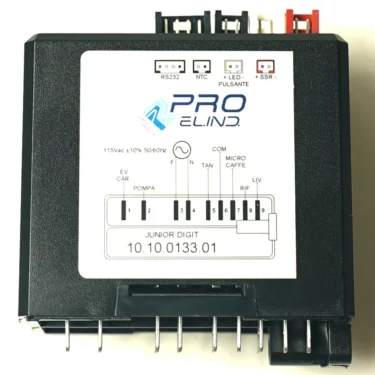 Black electronic control unit labeled PRO elind with ports, connectors, indicator labels, and white JUNIOR DIGIT 10.10.0133.01 label—compatible with VBM ELETREGLIVDJDGUL Brain Unit 110V for Domobar Junior Digital. © 2025 1st-line.com