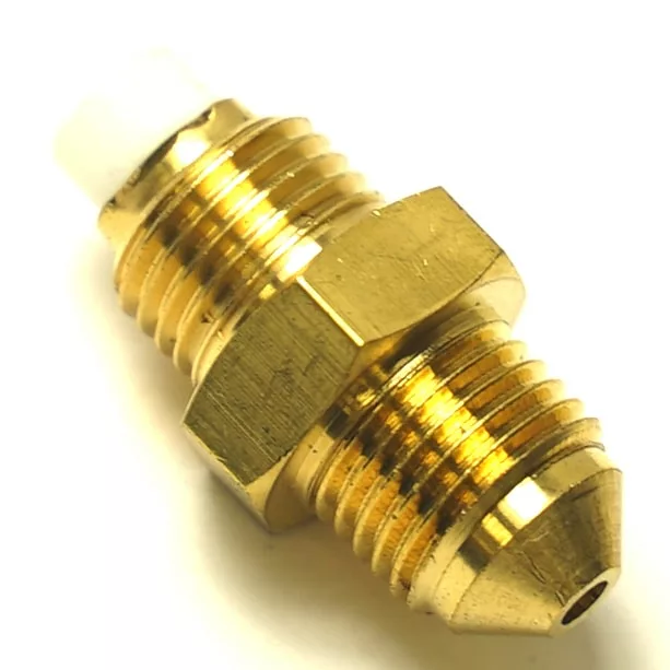 Close-up of a brass hexagonal fitting with threaded ends, featuring a 1st Line VITON O-RING 10.78x2.62mm, possibly for plumbing or gas connections, against a white background. © 2025 1st-line.com