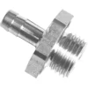 Close-up of a metallic hose barb fitting with threaded end and ridged nozzle, designed for attaching a flexible hose or tube—engineered with precision similar to the Lelit MC208 Fred Grinder Adjustment Knob. © 2025 1st-line.com