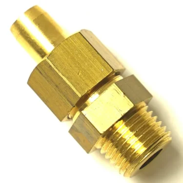 Close-up of an F.1504 EXPANSION VALVE 1/4 brass fitting with a hex middle section and threaded male end, designed for connecting pipes or tubes in plumbing or expansion valve systems, shown on a white background. © 2025 1st-line.com