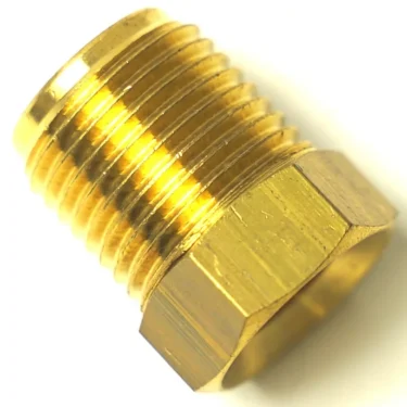 Close-up of an F..497 GROUP PIPE 1/2 MALE PART brass fitting adapter with external threads and a hexagonal nut base, isolated on a white background. © 2025 1st-line.com