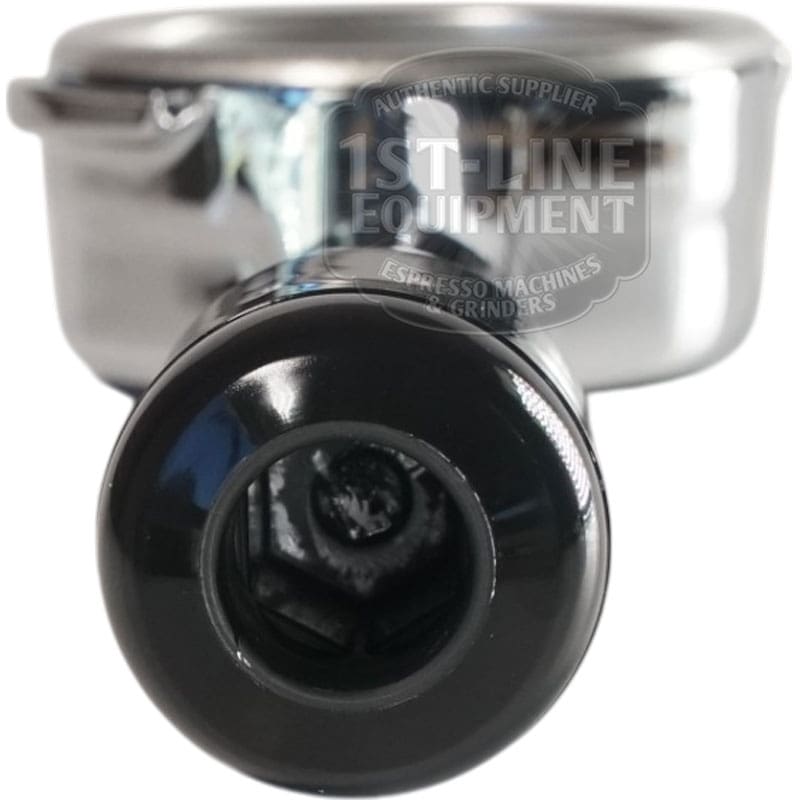 Close-up of the 1st-line 58mm Bottomless Portafilter for Bezzera Groupheads, black handle in the foreground. Reflections in the metal show the portafilter basket and Bezzera grouphead logo. © 2025 1st-line.com