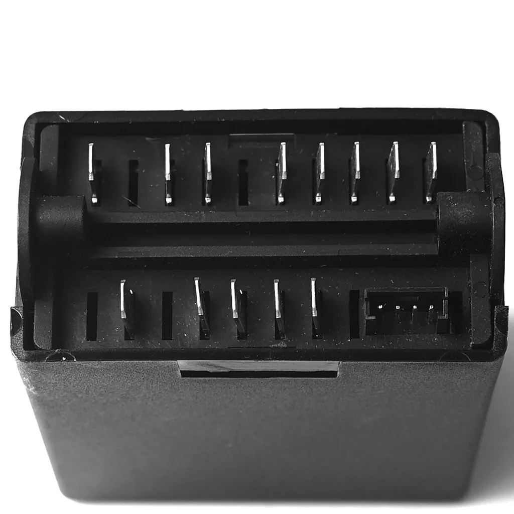 Close-up of the black rectangular FE.107 VFA Expres Brain Unit 230V electronic connector, featuring multiple metal pins and slots for data or power connections, shown against a white background. © 2025 1st-line.com