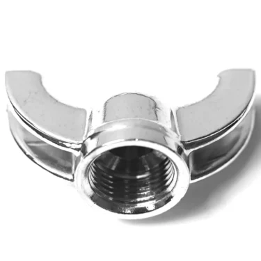 Close-up of the F..240 3/8 DOUBLE PORTAFILTER SPOUT, a shiny silver metal part featuring two curved wings and internal threading, similar to those used on portafilters, isolated on a white background. © 2025 1st-line.com