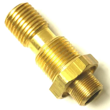 Close-up of the F..475 STEAM/WATER TAP FITTING, a brass adapter with three thread sets and a hexagonal tightening section for connecting pipes or hoses in plumbing or gas systems. © 2025 1st-line.com
