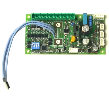 Close-up of the I.4328 ASCASO DUO Multifunction Display PCB (110V), featuring components, connectors, a blue wire, green terminal blocks, a blue rotary DIP switch, capacitors, and resistors on a white background. © 2025 1st-line.com