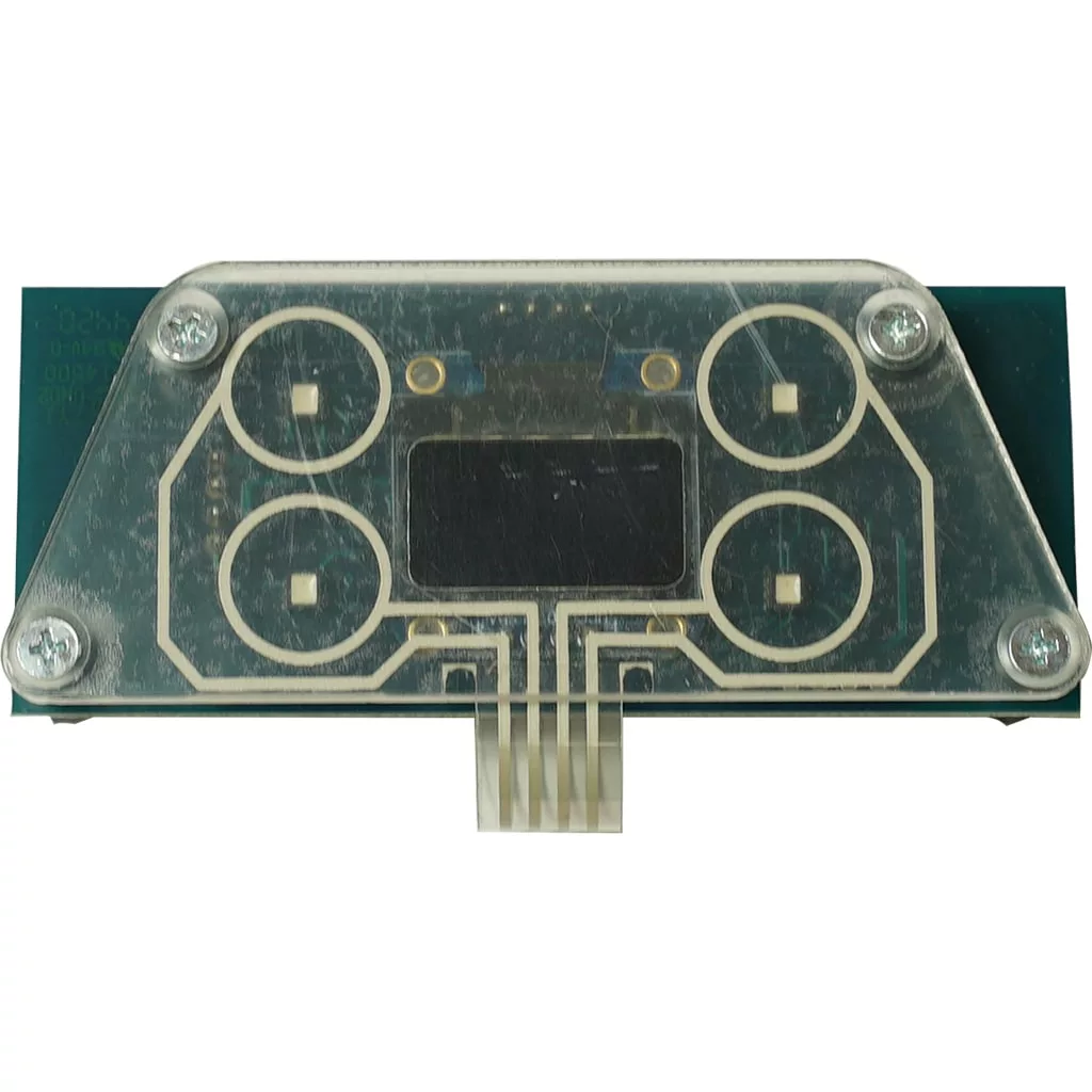 Close-up of the VBM ELETPULDISDJDG1NW Front Display for VBM DOMOBAR JUNIOR Digital, featuring a clear plastic cover, visible wiring, four screw-secured circular sensors, and a flat ribbon cable extending from the bottom center. © 2025 1st-line.com