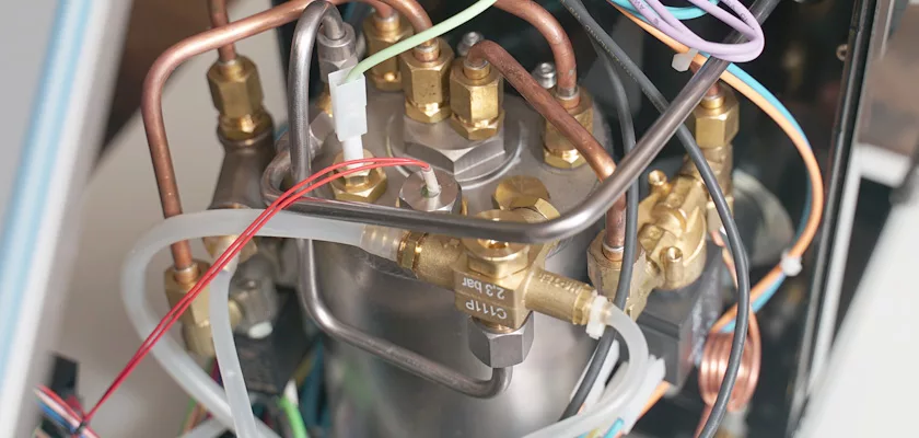 Close-up view of brass fittings, copper pipes, and wires connected to a cylindrical metal component inside a Bezzera Crema PM HX Espresso Machine. © 2025 1st-line.com