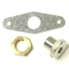 Displayed on a white surface are parts from the Ascaso KIT359 Stainless Steel Tube Holder Replacement Kit: a metal mounting plate with two holes, a brass hex nut, and a silver threaded fitting. © 2025 1st-line.com