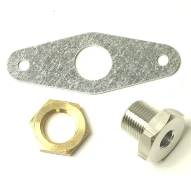 Displayed on a white surface are parts from the Ascaso KIT359 Stainless Steel Tube Holder Replacement Kit: a metal mounting plate with two holes, a brass hex nut, and a silver threaded fitting. © 2025 1st-line.com