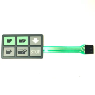 F.1280 DOSING DEVICE MEMBRANE: Rectangular keypad with five buttons—three with cup icons, one with a down arrow, and one labeled STOP. Flat ribbon cable extends from the right side of the membrane. © 2025 1st-line.com