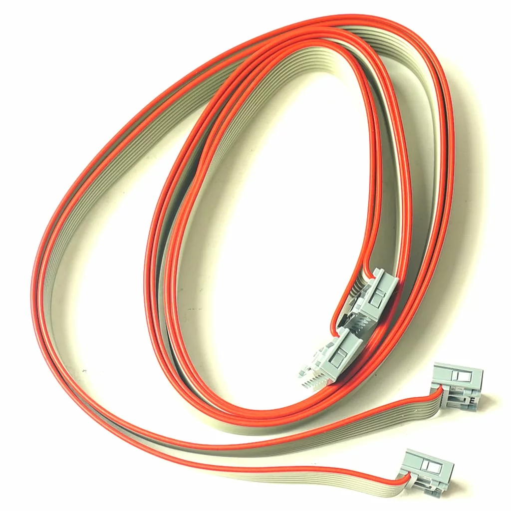 Gray flat ribbon cable with red edges and three gray connectors, coiled on a white background. Designed for Panel Wiring in setups such as the VBM ELETCAV8V800 Push Button Panel. © 2025 1st-line.com