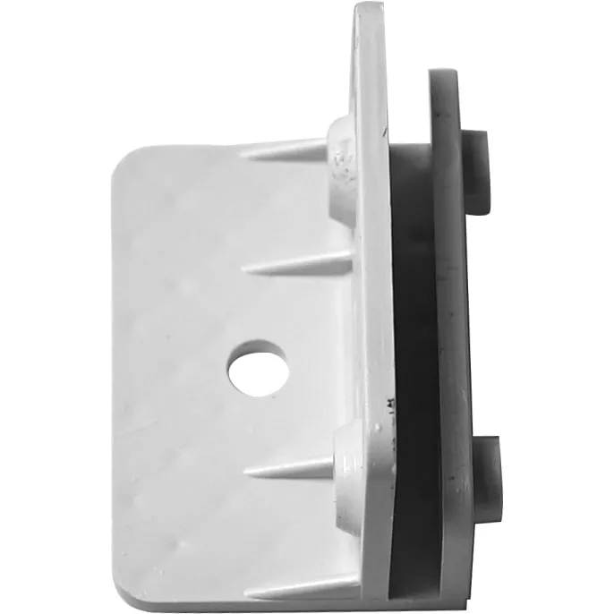 Side view of the DISCONTINUED ECM P3006.K Lower Pump Bracket in white plastic, featuring a flat base with rounded corners, central screw hole, and vertical section with two cylindrical pegs and reinforcing ridges. © 2025 1st-line.com