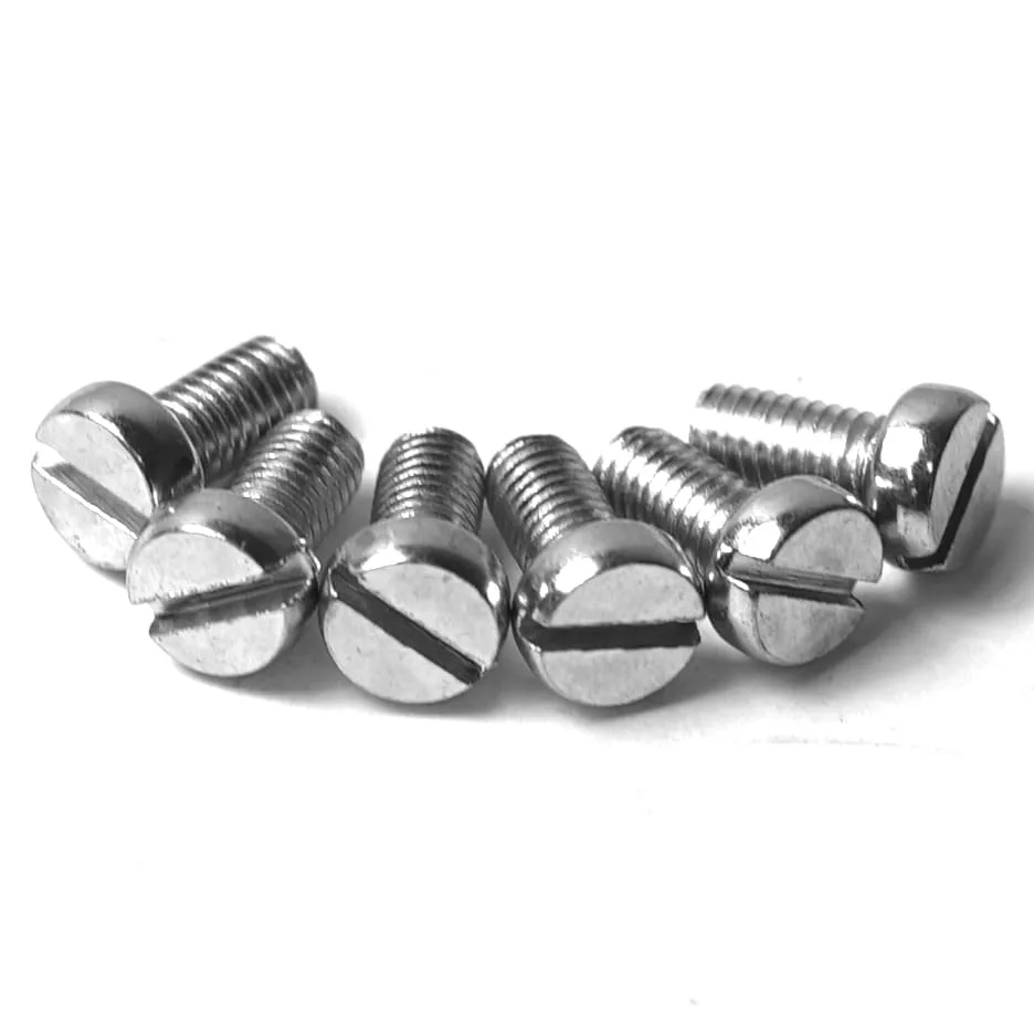 Six silver slotted-head screws, resembling the MAHLKONIG mahl075 75mm Burr Set, are arranged in a row on a white background with their heads facing forward and casting faint shadows. © 2025 1st-line.com