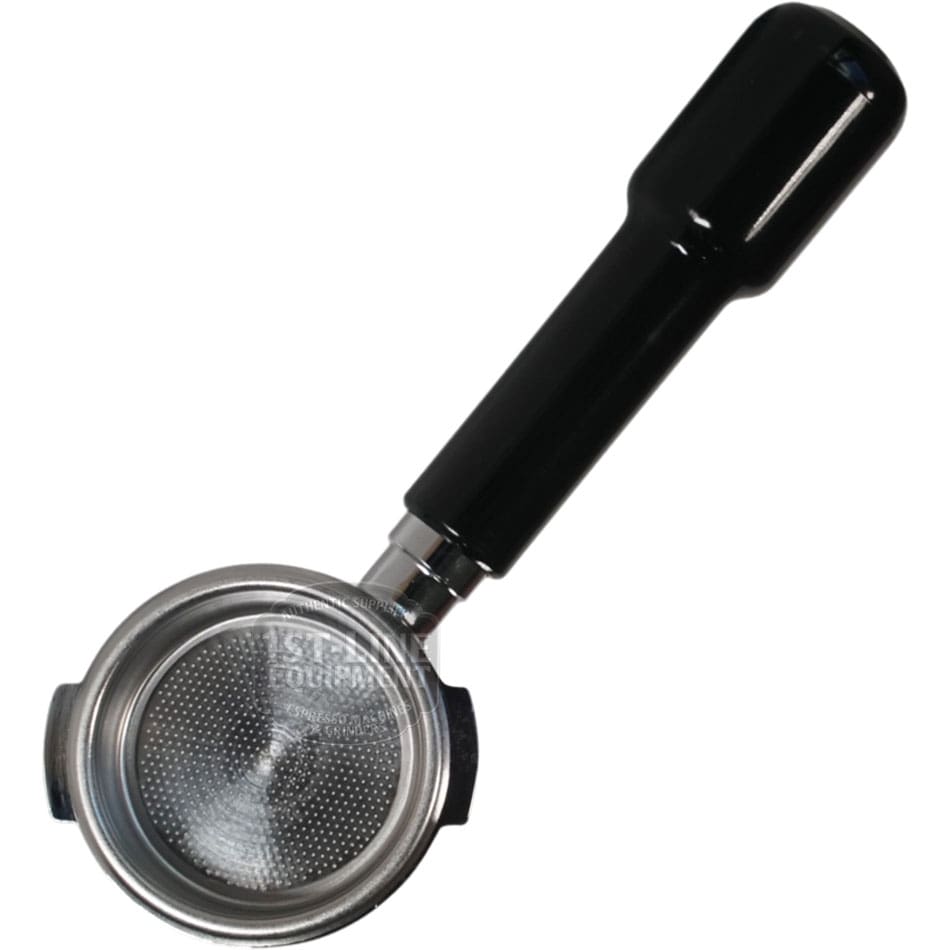 The 1st-line 58mm Bottomless Portafilter for Bezzera Groupheads features a black handle and an exposed perforated filter basket for espresso brewing, as seen from above. © 2025 1st-line.com