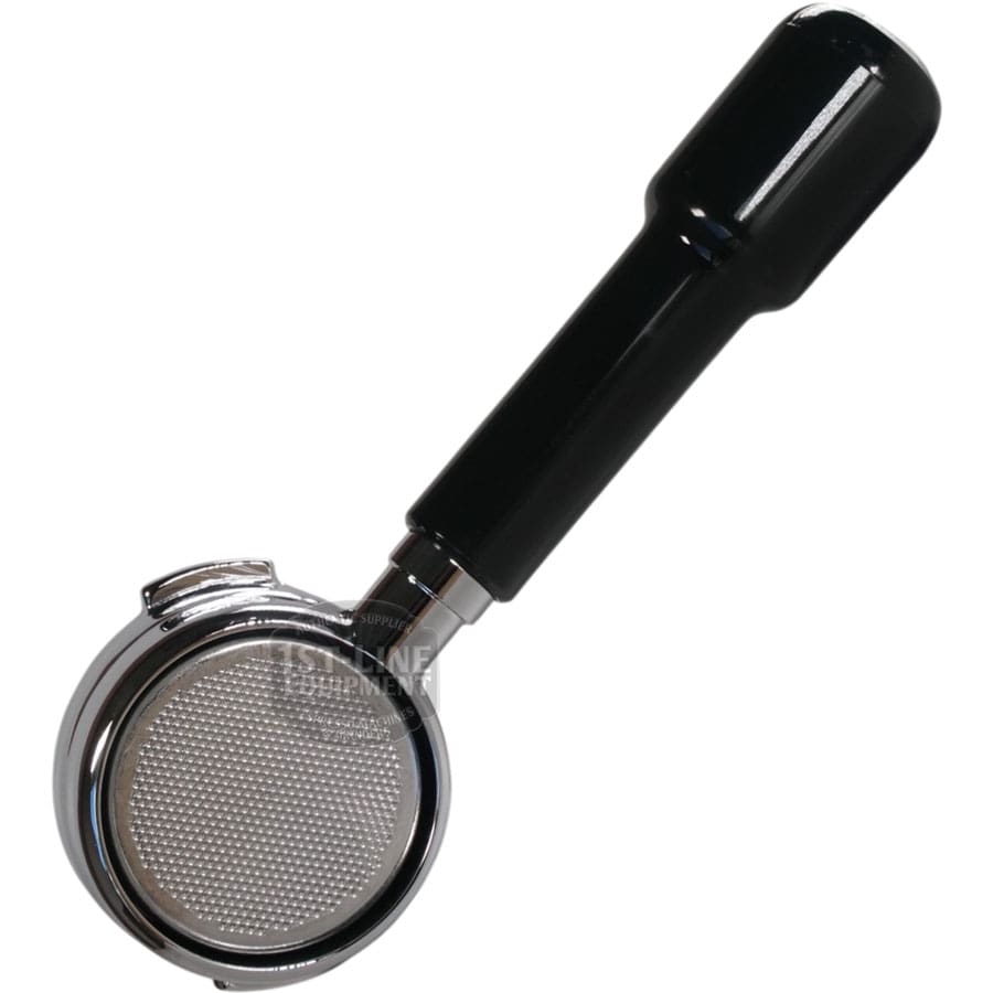 The 1st-line 58mm Bottomless Portafilter for Bezzera Groupheads features a black handle and metal filter basket, shown from above on a white background. © 2025 1st-line.com