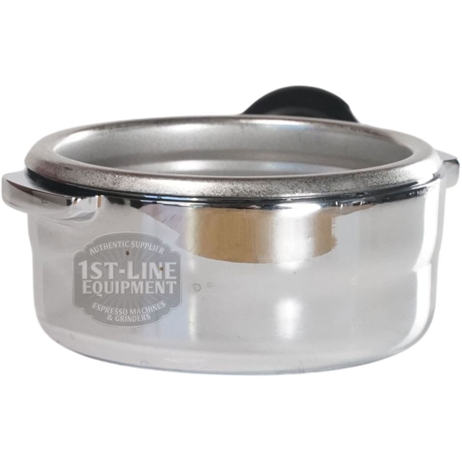 The 1st-line 58mm Bottomless Portafilter for Bezzera groupheads features a clear glass cup with a metal rim and black handle, branded with the 1st-Line logo—perfect for Bezzera machines and espresso enthusiasts. © 2025 1st-line.com