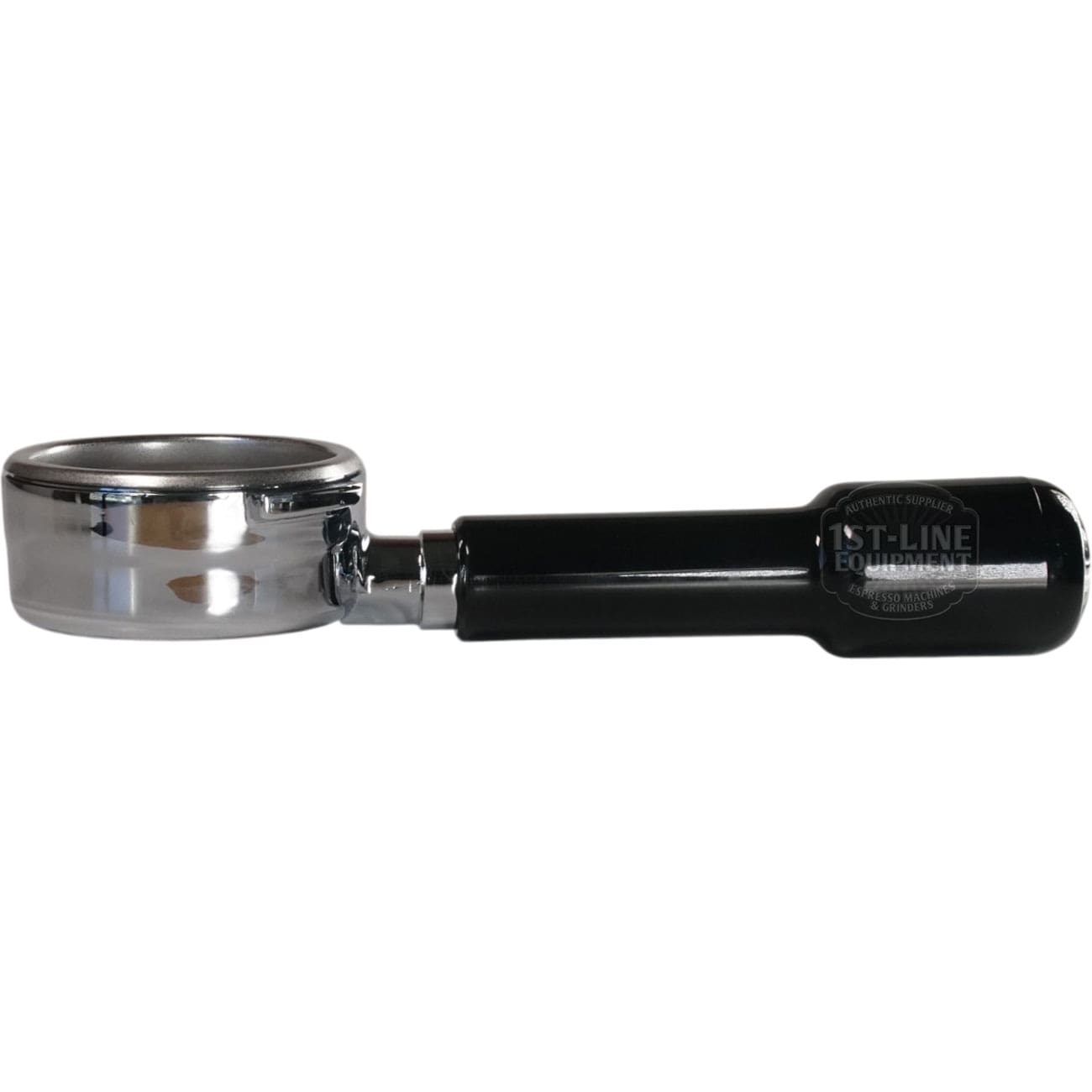 The 1st-line 58mm Bottomless Portafilter for Bezzera Groupheads features a shiny metal basket and black handle, ideal for holding coffee grounds when making espresso. © 2025 1st-line.com