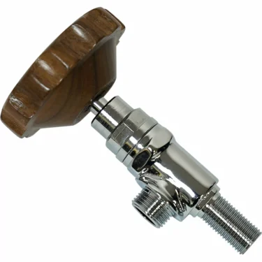 The 1st-line Chrome Steam Valve w/ E61 Style Wood Knob features a large round wooden handle, designed for E61 style systems and ideal for precise water flow control in plumbing applications. © 2025 1st-line.com
