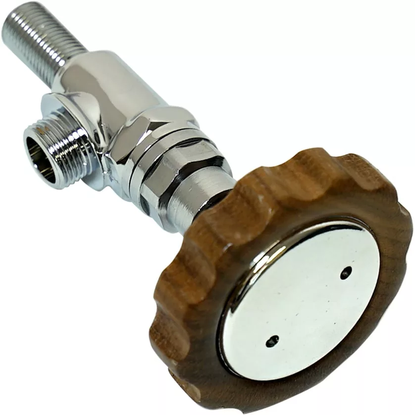 The 1st-line Chrome Steam Valve w/ E61 Style Wood Knob has threaded metal ends for pipe attachment, an E61-style chrome body, and a large round wooden knob with a shiny metal center and two small holes. © 2025 1st-line.com