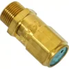 The 1st-line Safety Valve 3/8 Bar Certified PED is a brass non-return valve with threaded ends, engraved markings, and a blue label on one end, displayed against a white background. © 2025 1st-line.com