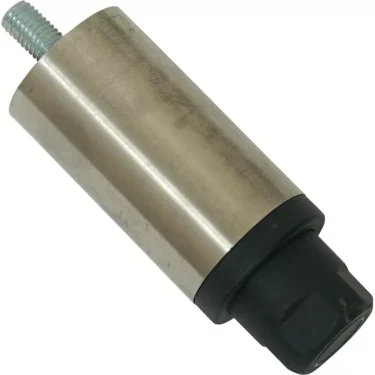 The 1st-line V..581A M-10 Adjustable Foot features a cylindrical metal and black plastic body with a threaded M-10 stud at one end and a hexagonal black connector, shown on a white background. © 2025 1st-line.com