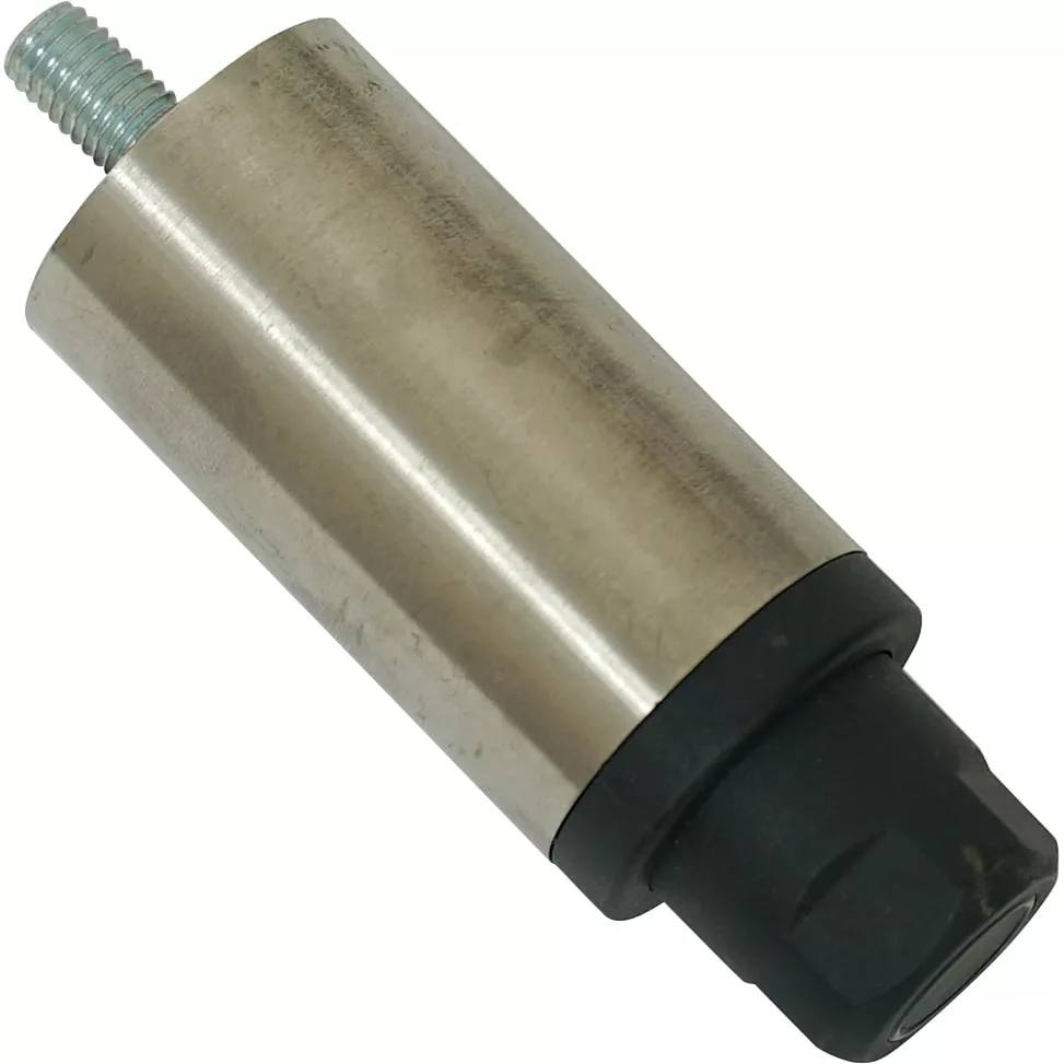 The 1st-line V..581A M-10 Adjustable Foot features a cylindrical metal and black plastic body with a threaded M-10 stud at one end and a hexagonal black connector, shown on a white background. © 2025 1st-line.com