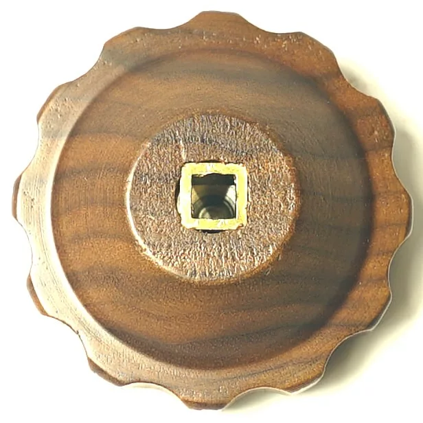 The 1st-line Walnut Steam/Hot Water Knob w/ Chrome Brass Plug features a round wooden design with a wavy edge and a square metal-lined center hole, shown from above on a white background. © 2025 1st-line.com