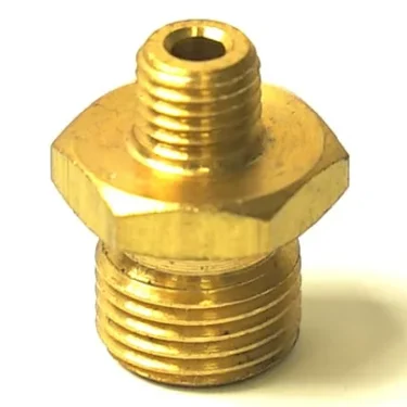 The Ascaso I.4234 Thermoblock/Grouphead Fitting is a brass hexagonal adapter with male threads on both ends, used for connecting pipes or hoses in Ascaso machines. Shown on a white background. © 2025 1st-line.com
