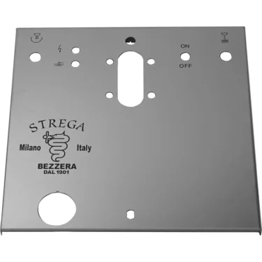 The Bezzera 5074466.02SG Front Panel is a square metallic piece with multiple cutouts, engraved labels, and icons. It features black text STREGA Milano Italy BEZZERA DAL 1901 and a snake-and-cup logo on the left side. © 2025 1st-line.com