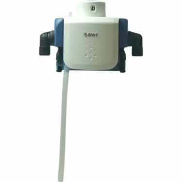 The BWT 812420 Besthead Flex Filter Head is a water filtration device in white and blue with two black inlet/outlet pipes and a long white tube extending downward, shown against a plain white background. © 2025 1st-line.com