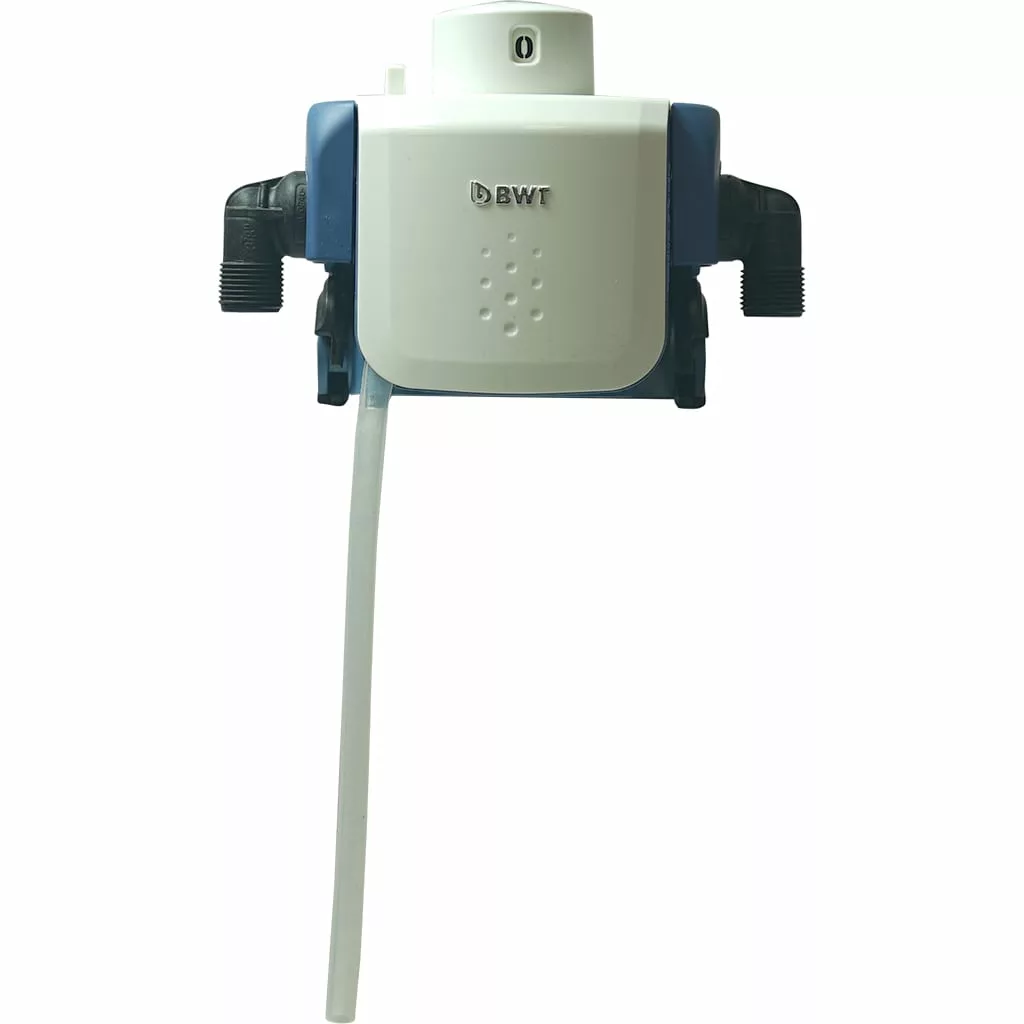 The BWT 812420 Besthead Flex Filter Head is a water filtration device in white and blue with two black inlet/outlet pipes and a long white tube extending downward, shown against a plain white background. © 2025 1st-line.com