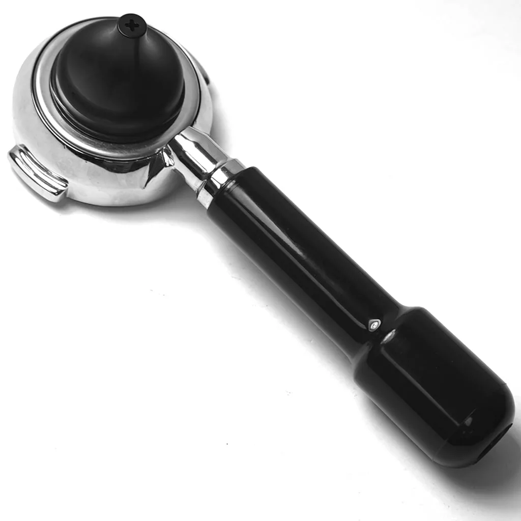 The DISCONTINUED 1st-line 58mm Non-Pressurized FAP Capsule Portafilter with a black handle is pictured on a white background, featuring its metal basket covered by a black rubber blind filter for espresso machine backflushing. © 2025 1st-line.com