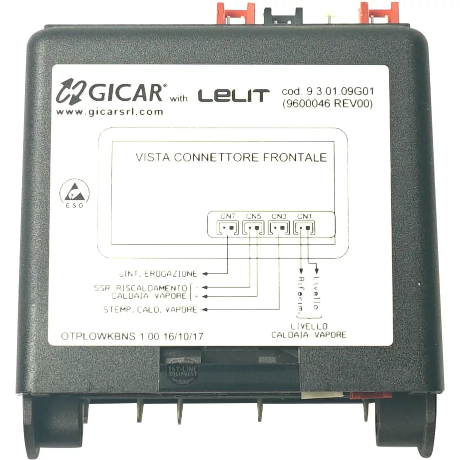 The discontinued Gicar 9600046 Brain Unit (9.3.01.09G01) for Lelit Bianca PL162T features a white front panel with diagram, connector labels (CN1–CN5), and product codes—serving as the machines electronic control box. © 2025 1st-line.com