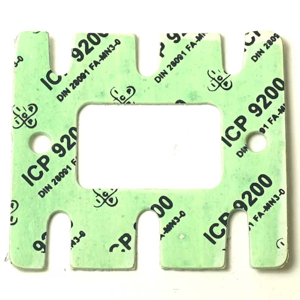 The DISCONTINUED MZ...9 6mm FILTER HOLDER GASKET is rectangular, green, with a large central cutout, four side notches, two bolt holes, and repeating black ICP 9200 text plus specs on the surface. © 2025 1st-line.com