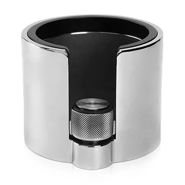 The ECM 89510 Height Adjustable Stainless Steel Tamper Station features a cylindrical silver body, U-shaped opening, black interior, and a knurled knob for secure adjustment—designed for precise espresso tamping. © 2025 1st-line.com