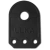 The ECM C249900770 Rubber Pump Holder is a black, flat, rectangular part with a rounded top, large circular hole near the top, three smaller holes along the bottom, and ULKA embossed at the center; perfect as a pump holder. © 2025 1st-line.com