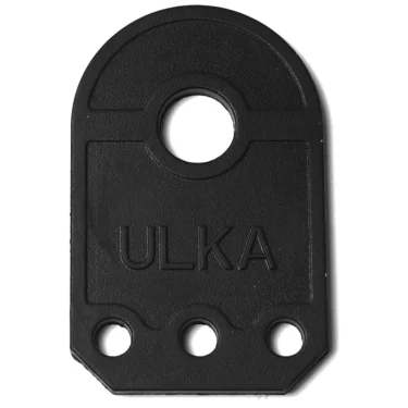 The ECM C249900770 Rubber Pump Holder is a black, flat, rectangular part with a rounded top, large circular hole near the top, three smaller holes along the bottom, and ULKA embossed at the center; perfect as a pump holder. © 2025 1st-line.com