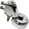 The Elektra 02285039 OLD Chrome Grouphead/Delivery Unit Assembly features a chrome finish, two threaded pipe fittings, a round base, and visible screws—perfect as a replacement grouphead delivery unit for Elektra machines. © 2025 1st-line.com