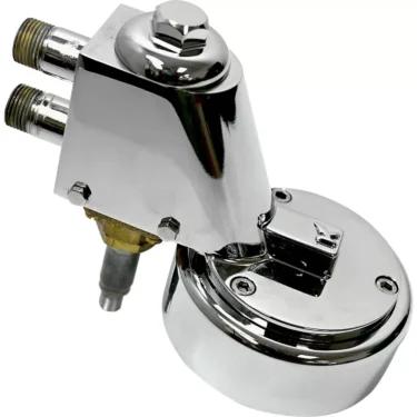 The Elektra 02285039 OLD Chrome Grouphead/Delivery Unit Assembly features a chrome finish, two threaded pipe fittings, a round base, and visible screws—perfect as a replacement grouphead delivery unit for Elektra machines. © 2025 1st-line.com