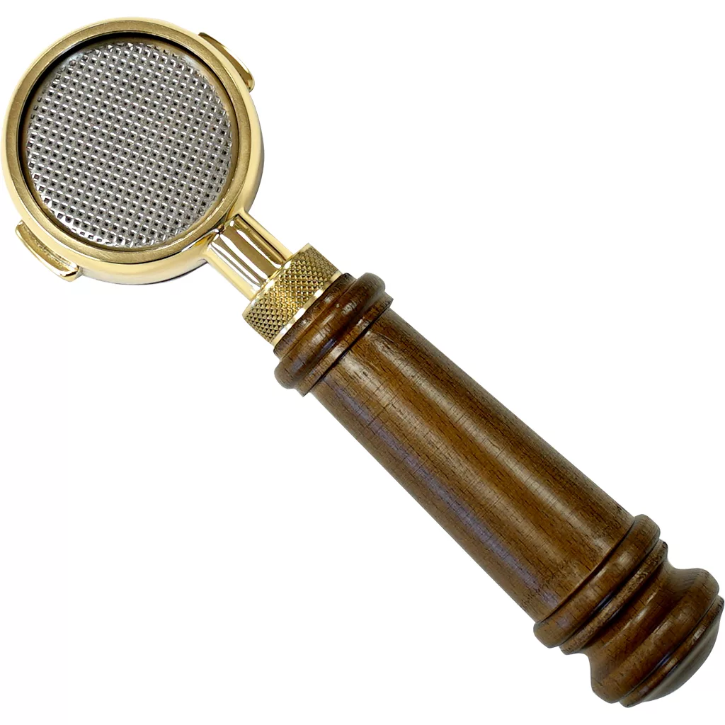 The Elektra 05825038 49mm Wood Handle Bottomless Portafilter features a polished wood handle and brass-colored basket, ideal for holding coffee grounds while brewing espresso. © 2025 1st-line.com