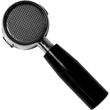 The Elektra 05825039 49mm Black Handle Bottomless Portafilter features a metal filter basket for holding coffee grounds in an espresso machine. © 2025 1st-line.com