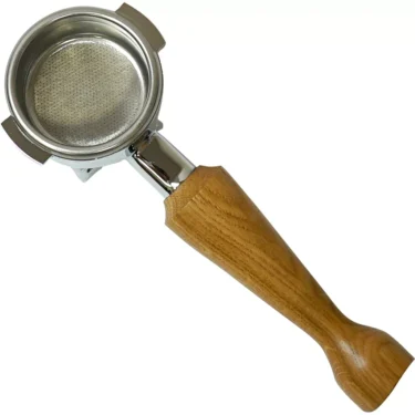 The Elektra 06329034 58mm 21 gram dual spout portafilter with a fine mesh filter and light brown wood handle is displayed on a white background. © 2025 1st-line.com