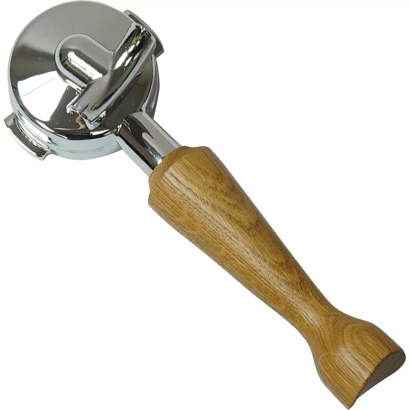 The Elektra 06329034 58mm 21 gram Dual Spout Wood Handle Portafilter features a shiny chrome filter basket and light brown wood grip, shown isolated on a white background. © 2025 1st-line.com