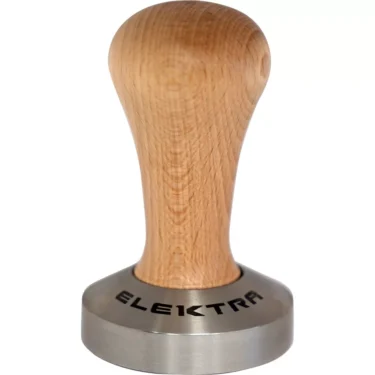 The Elektra 06345035 Wood Handle 58mm Espresso Coffee Tamper features a wooden handle, stainless steel base with ELEKTRA branding, and combines style with precision for professional coffee tamping. © 2025 1st-line.com
