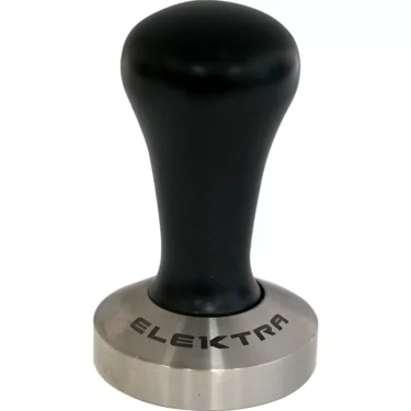 The Elektra 06382035 Black Handle 58mm Espresso Coffee Tamper is a metal tool with ELEKTRA engraved on its flat base, designed for compressing espresso grounds. © 2025 1st-line.com