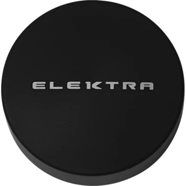 The Elektra 06386131 58mm Coffee Leveler / Distributor is round and black, featuring ELEKTRA in silver uppercase letters centered on its surface. © 2025 1st-line.com